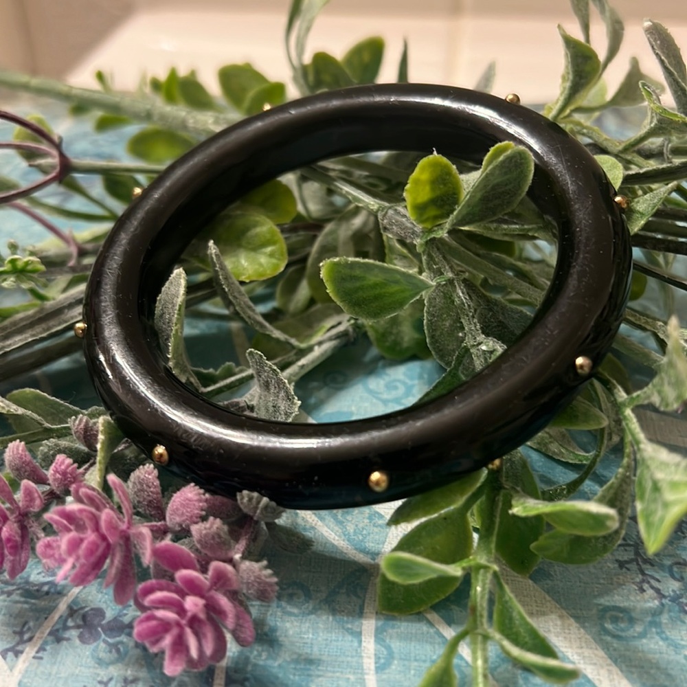 Vintage Black Bakelite Bangle Large Bracelet with studded Detailing